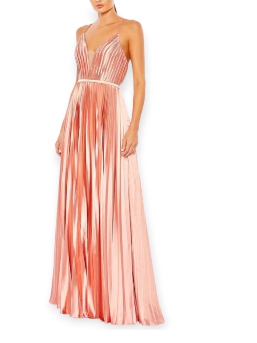 Mac Duggal Rose Gold Pleated V-Neck Maxi Gown